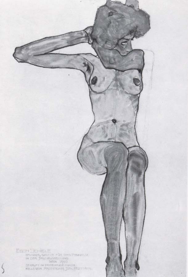 Seated female nude with her right arm bent at the elbow